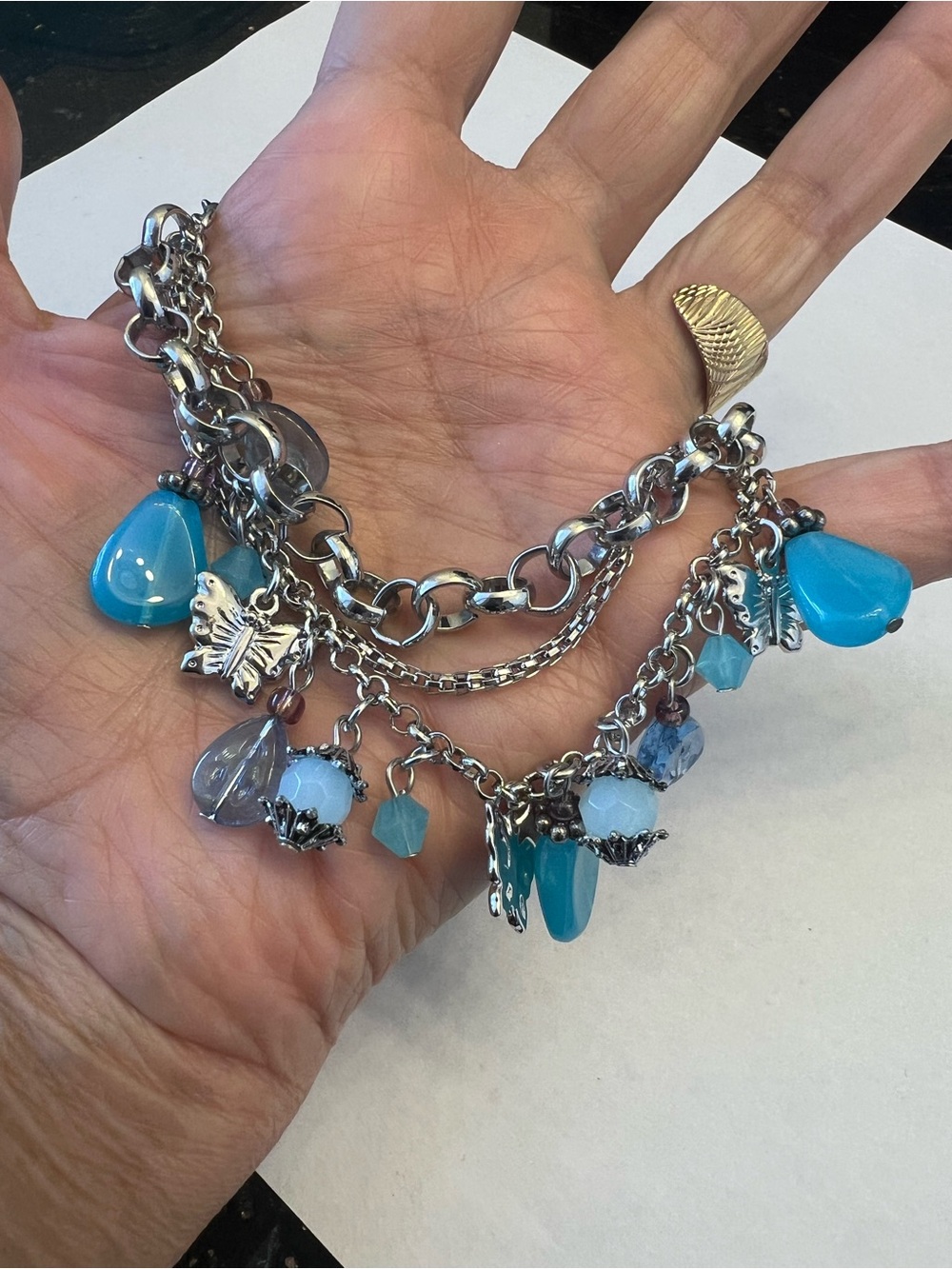 Silver Charm Bracelet with Blue and Turquoise Beads